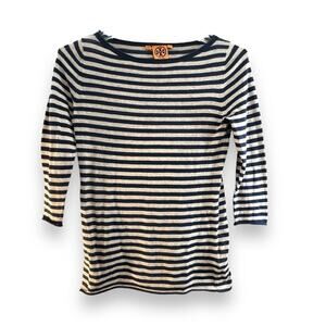 TORY BURCH navy blue and beige stripe boatneck top 3/4 sleeves SZ S